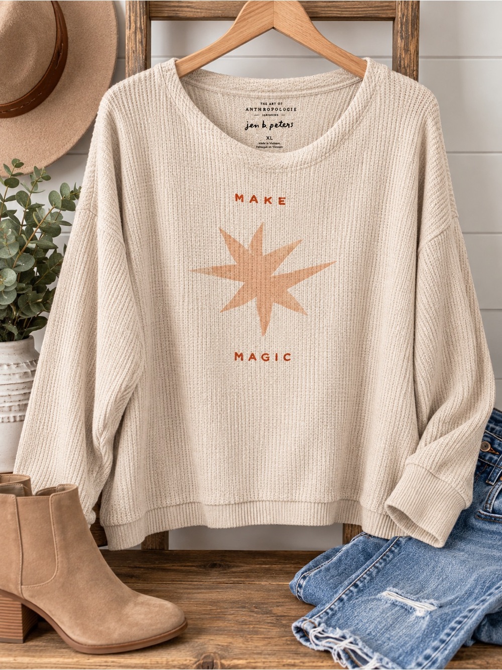 Anthropologie Cream Long-Sleeve Knit Pullover with Tan Star Graphic